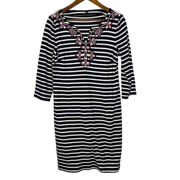 Talbots Black White Stripe Dress M Embroidered Boho Classic 3/4 Sleeve - Picture 1 of 8